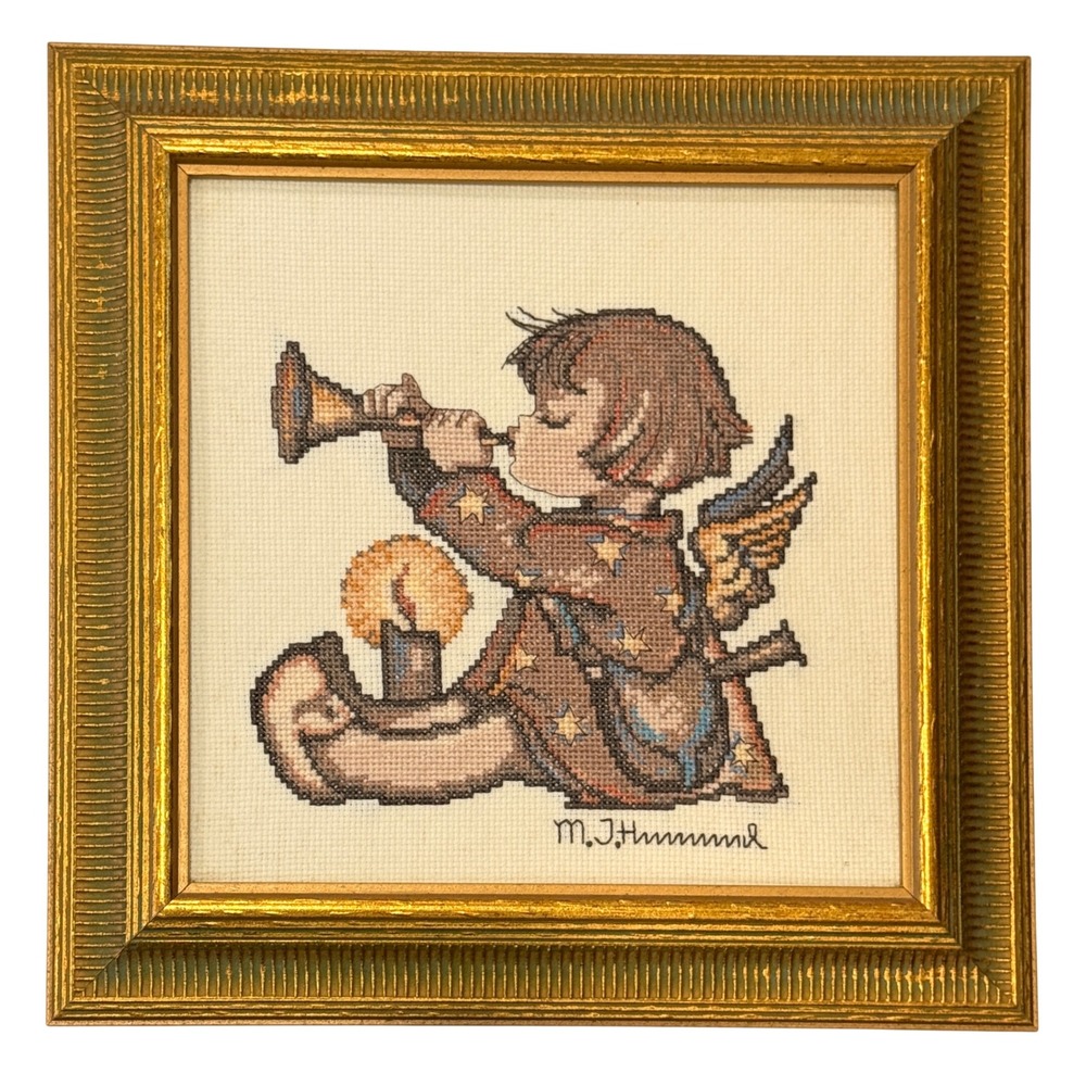Vintage MJ Hummel Cross Stitch Framed Angel Trumpet Gold Frame 11x11